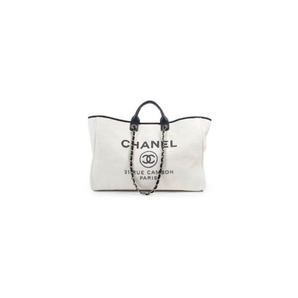 CHANEL Woven Straw Raffia Striped Medium Deauville Tote