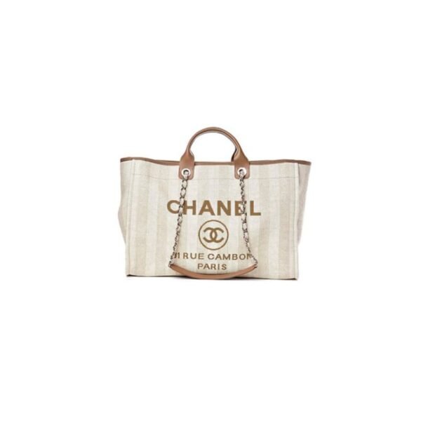 CHANEL Woven Straw Raffia Striped Medium Deauville Tote