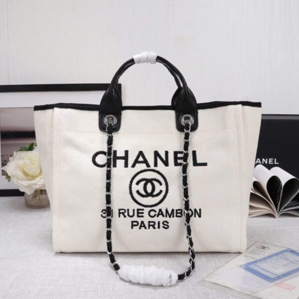 CHANEL Woven Straw Raffia Striped Medium Deauville Tote - Image 2