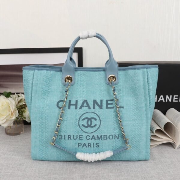 CHANEL Woven Straw Raffia Striped Medium Deauville Tote - Image 2