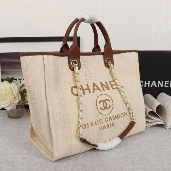 CHANEL Woven Straw Raffia Striped Medium Deauville Tote - Image 3